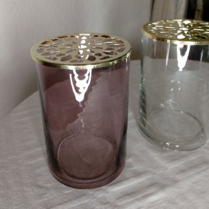 Glas med lg, stort lyngfarvet glas med guld lg